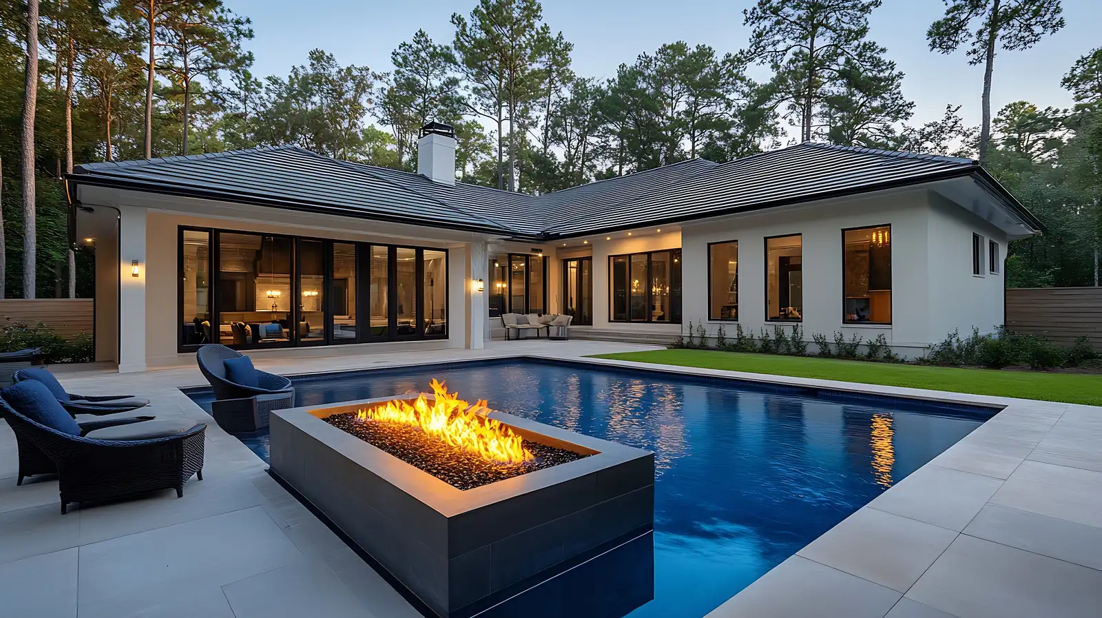 Custom gunite pool with fire feature at dusk