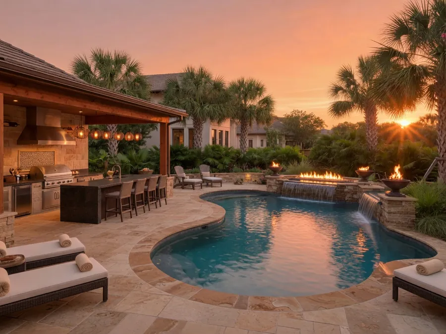 Finished luxury backyard pool at sunset